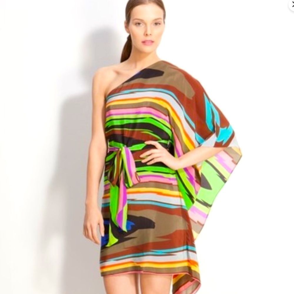 Vintage Milly Multicolor Striped One-Shoulder Silk Dress